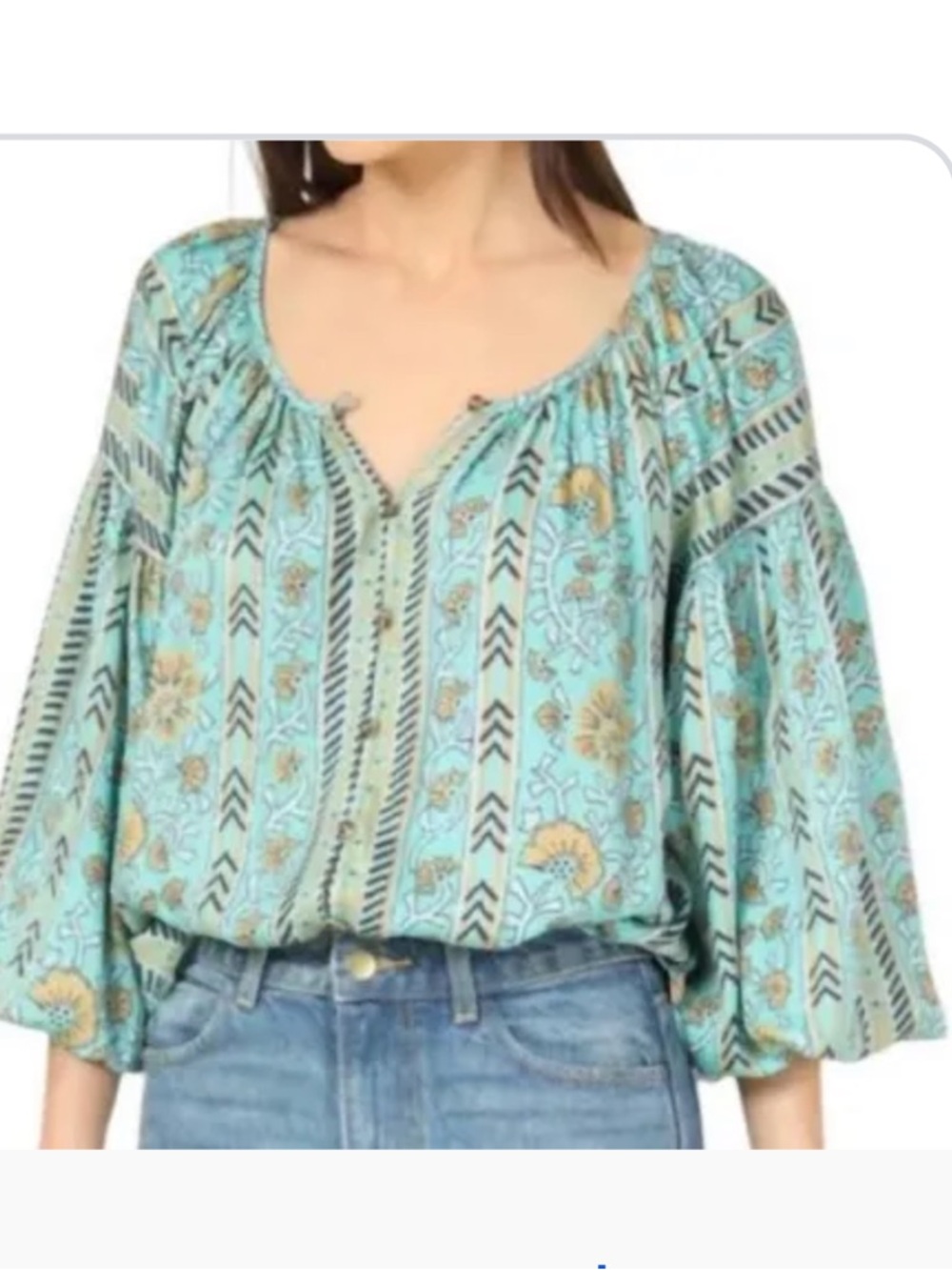 Omika Handmade In India Boho Ballon Sleeve Aqua Green Top Size Medium